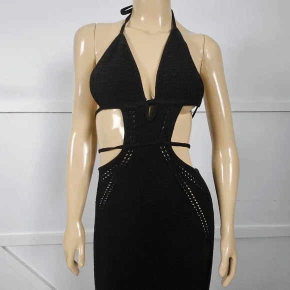 Babyboo Arabella Black Crochet Knit Halter Midi Dress Side Cutouts Women Small - Picture 8 of 11